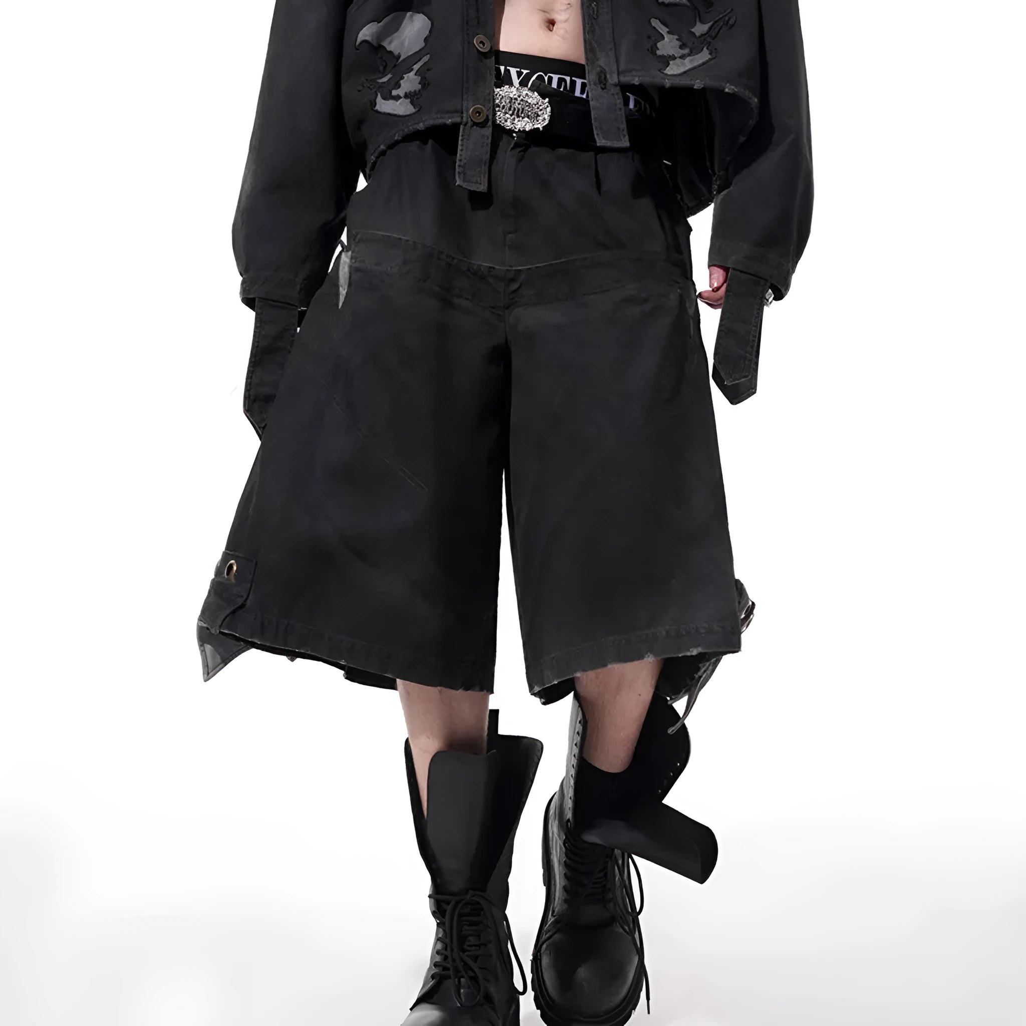 Men's double waist loose cropped black pants with washed stitching, front view showing mid-high waist and cropped length