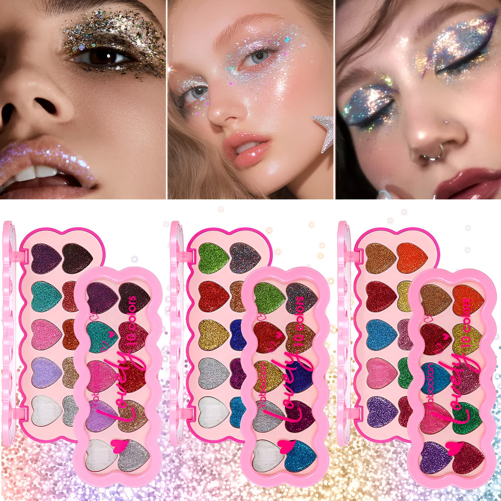 Pearlescent heart-shaped makeup palette open to show ten different coloured eyeshadows.
