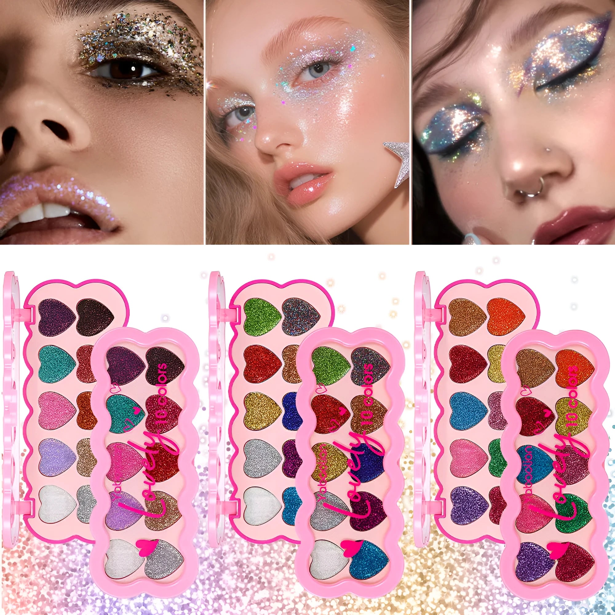 Pearlescent heart-shaped makeup palette open to show ten different coloured eyeshadows.