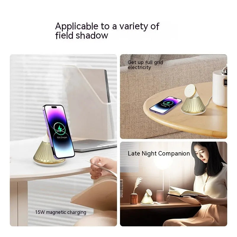 Night table lamp with magnetic 15W wireless charger base in Champagne Gold finish