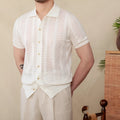 Short sleeve lapel cardigan in breathable 100% cotton with striped knit pattern, available in creamy white