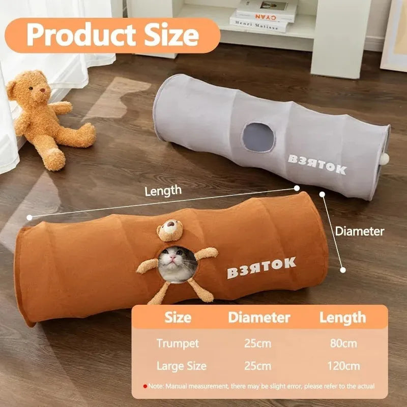 Collapsible cat tunnel for indoor cats, 25cm diameter, 80cm length, suede air layer fabric, steel wire, with plush ball on top
