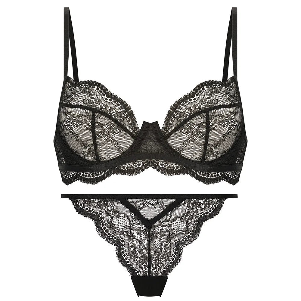 Women's French bra suit bikini set with fixed double shoulder straps in black colour