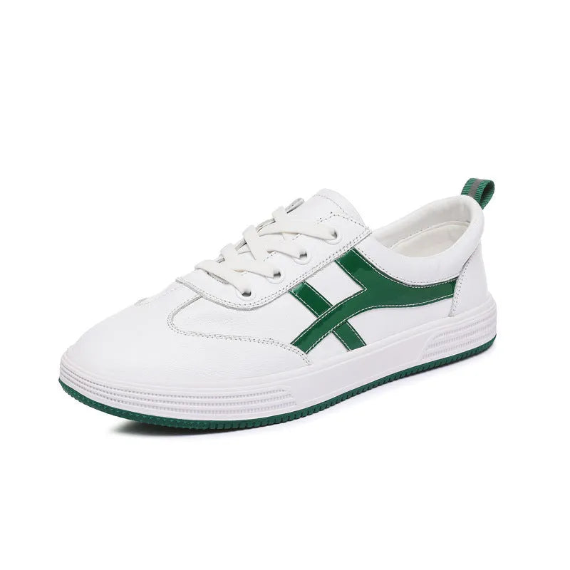 White and black casual Korean style low-top sneakers with sequin detailing, first layer cowhide upper, elastic band closure, and rubber sole