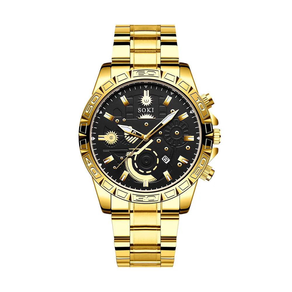 Gold men's business quartz watch with stainless steel bracelet and calendar display