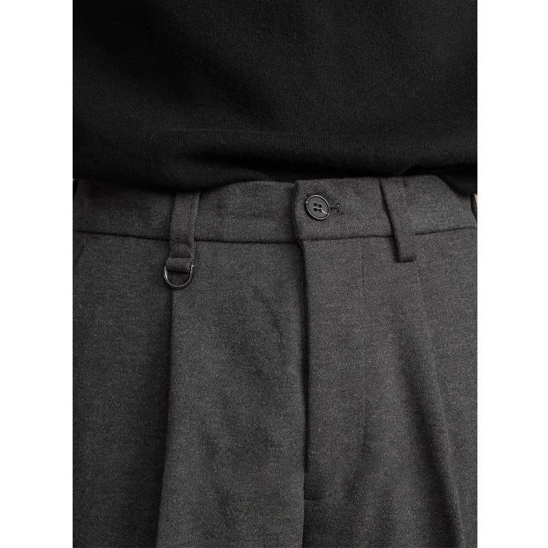 Men's straight leg business casual trousers in polyester fabric with draped styling