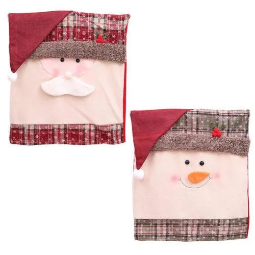 Set of Christmas chair covers with Santa Claus and snowman designs on standard dining chairs