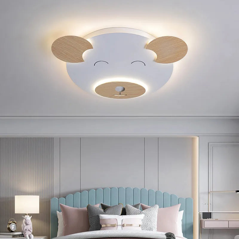 Creative cartoon bear ceiling lamp with PMMA lampshade, wrought iron mount, and wood grain finish, large size 54x46x4cm