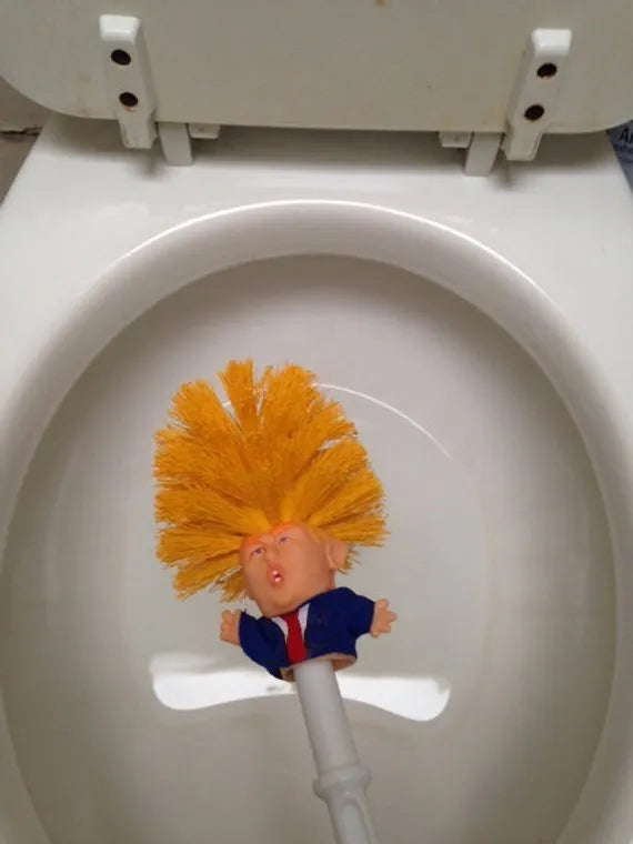 Yellow funny Donald Trump toilet brush made of plastic, 40cm long, with hanging slot
