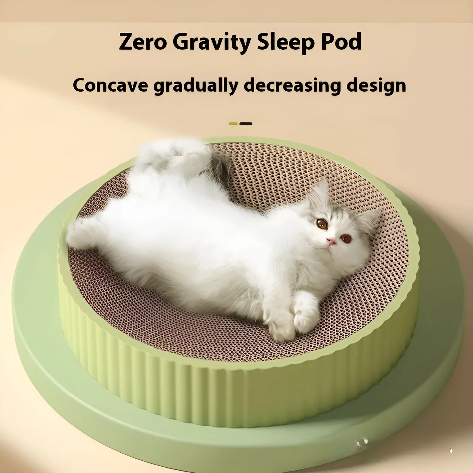 Round green and white cat scratching board nest measuring 55cm with corrugated paper surface.