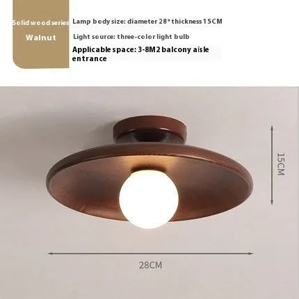 Modern solid wood ceiling lamp with glass shade in light wood and walnut colour finishes.