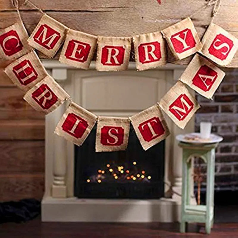 Merry Christmas burlap banner with 14 brown and red flags on a string, each flag approx 12x13 cm
