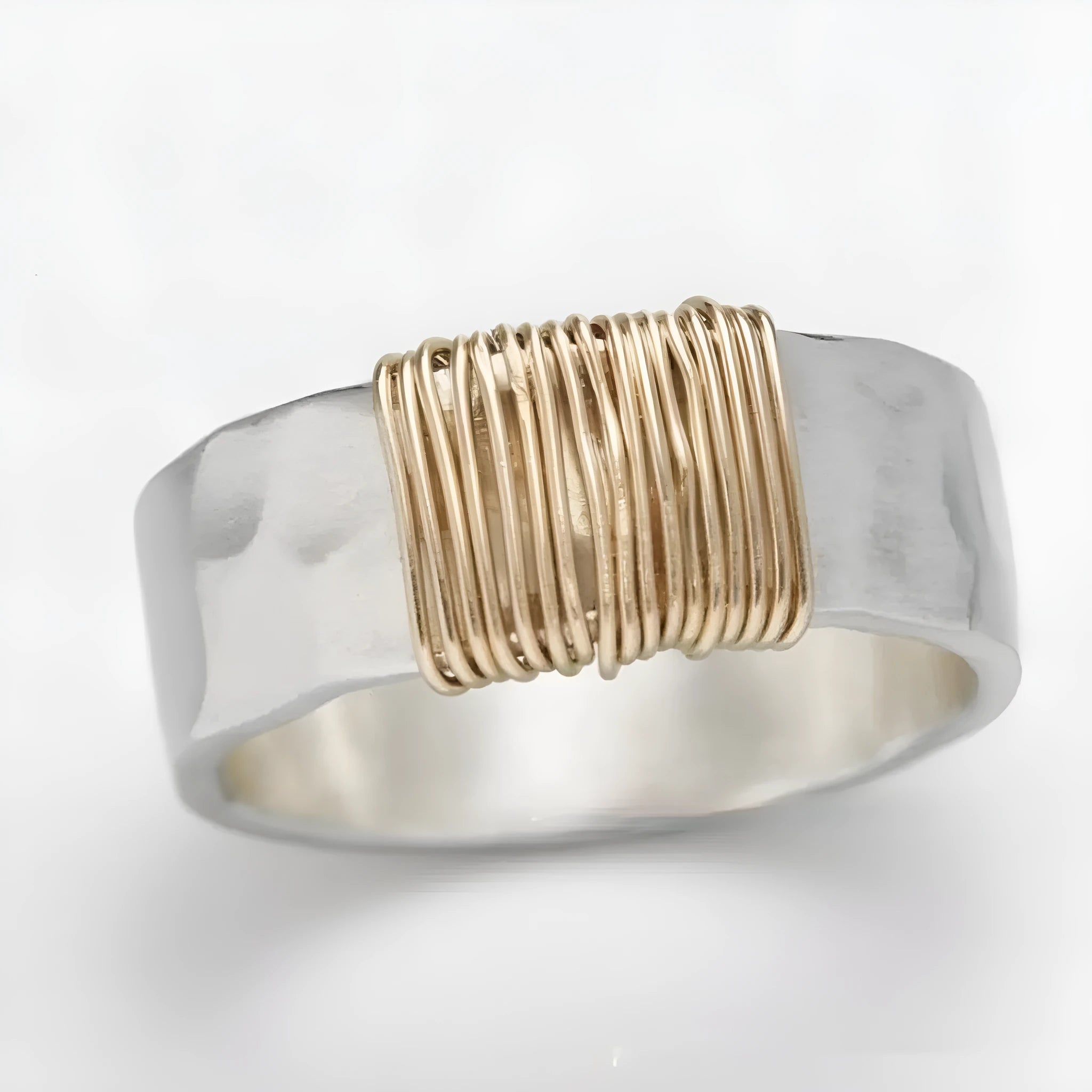 Copper vintage ring bracelet with irregular coil geometric design in silver golden electroplated finish