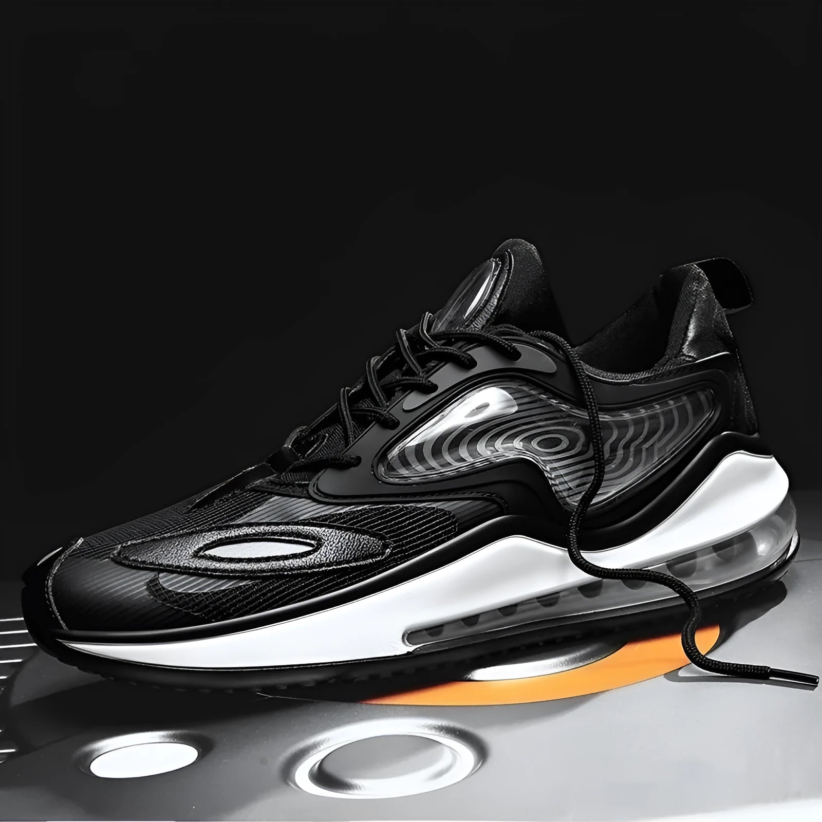 Men's casual shoes with air cushion soles in Space Black colour showing height increasing design