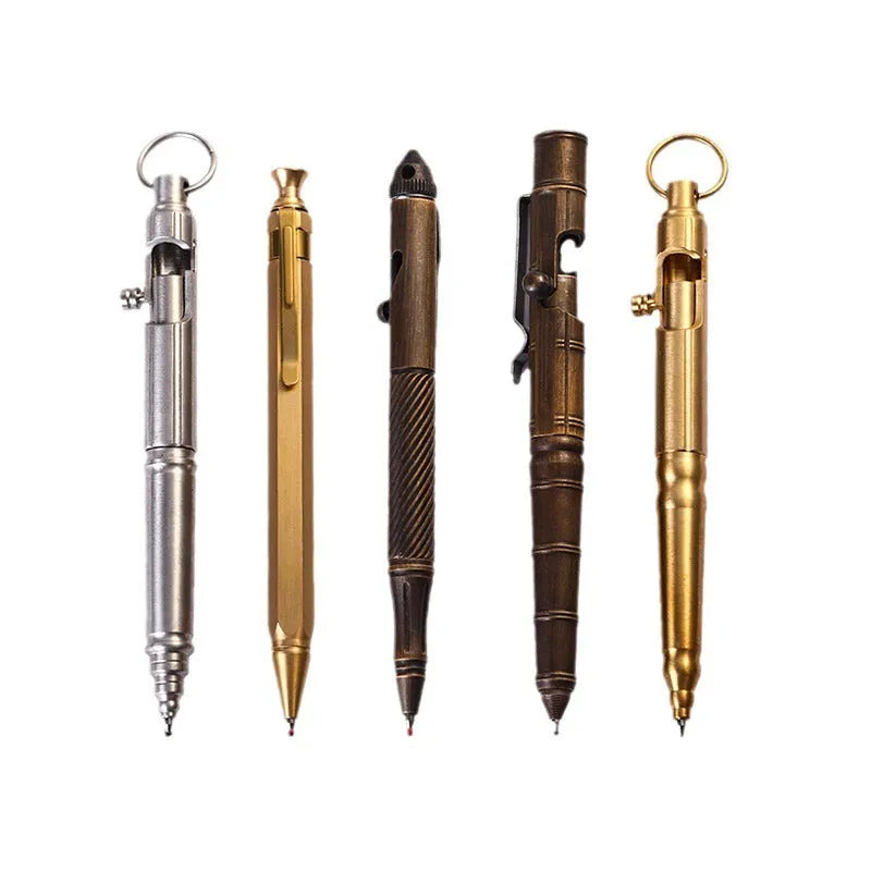 Retro brass tactical pen with bolt-action press mechanism and brushed finish.