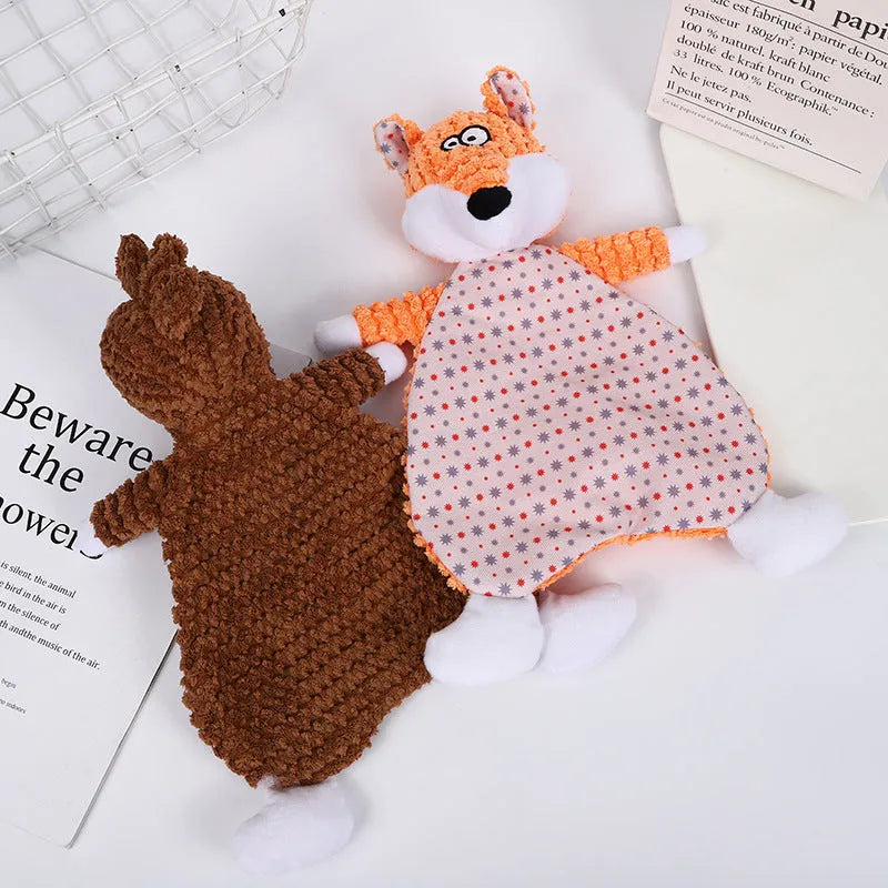 Brown velvet stuffed fox elephant pet toy with squeaky paper sound maker for cats and dogs.