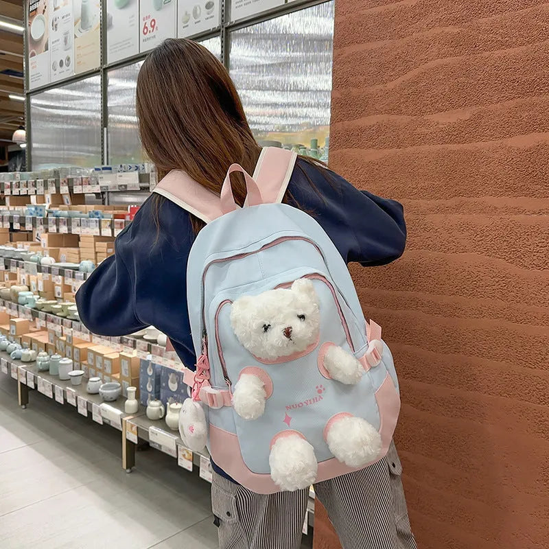 Cute Bear nylon backpack with curved strap in yellow pink macaron colour, 20-35 litre capacity