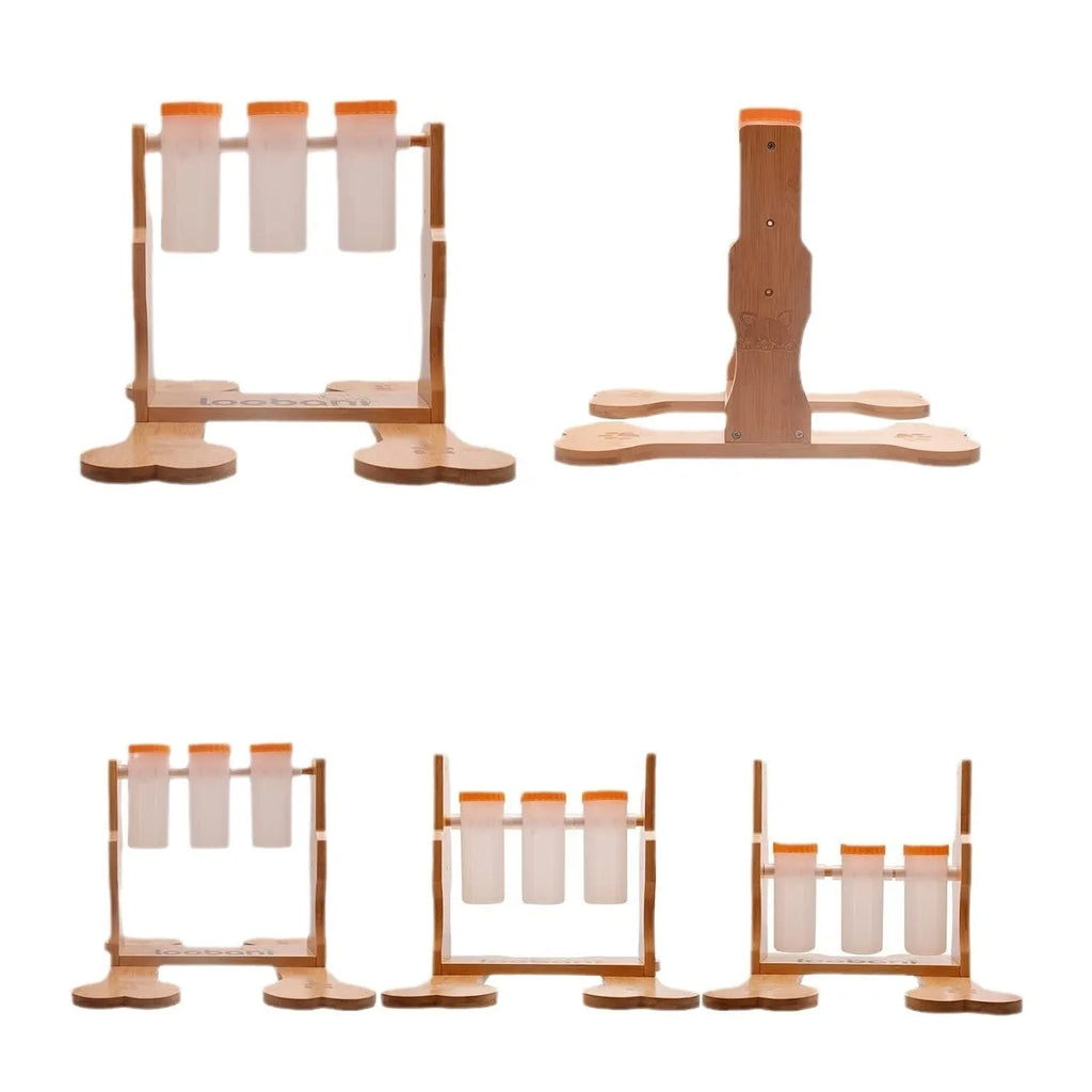 Wooden dog puzzle toy measuring 31x30x20cm with interactive snack dispenser design