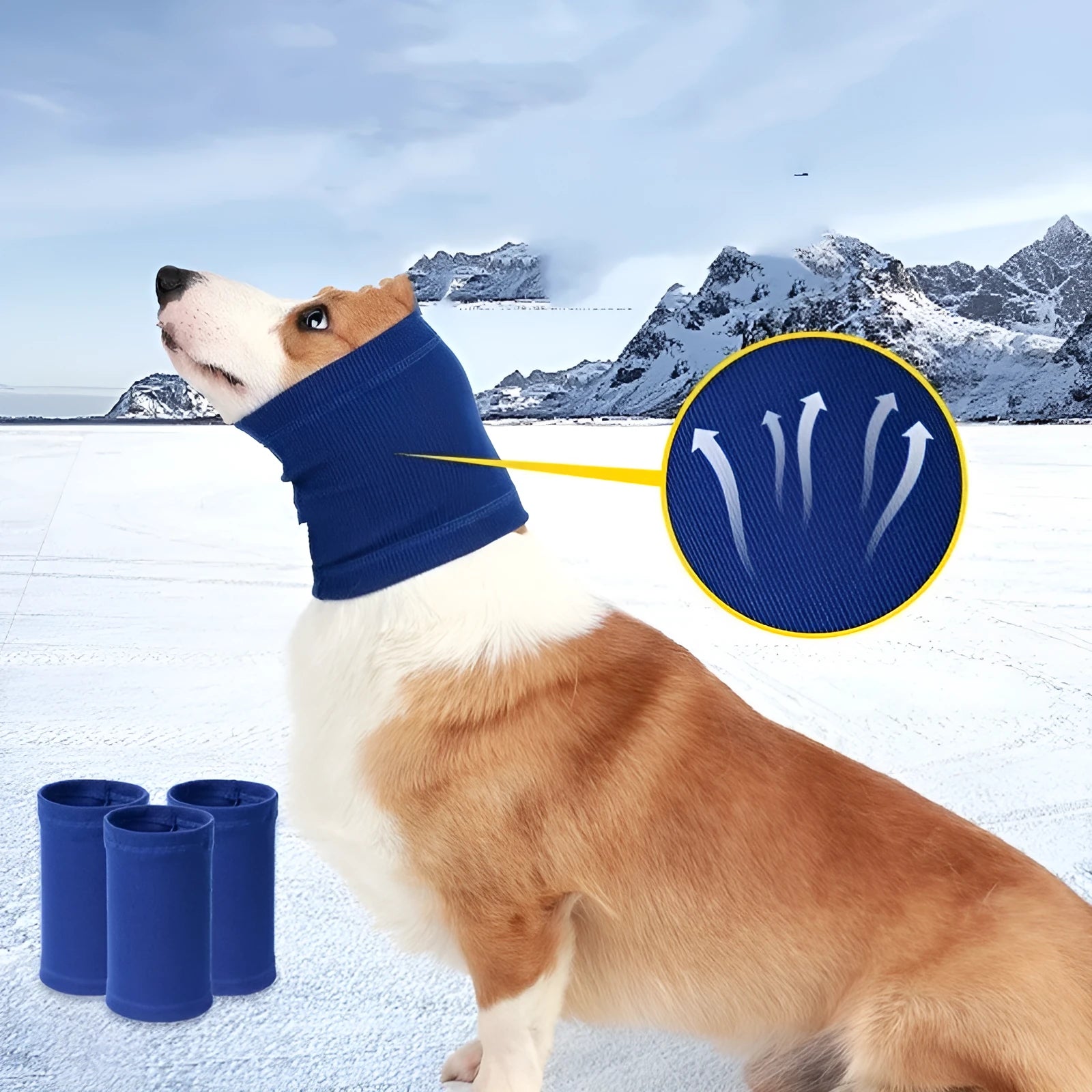 Blue and grey polyester dog headband scarf shown in small, medium, and large sizes.