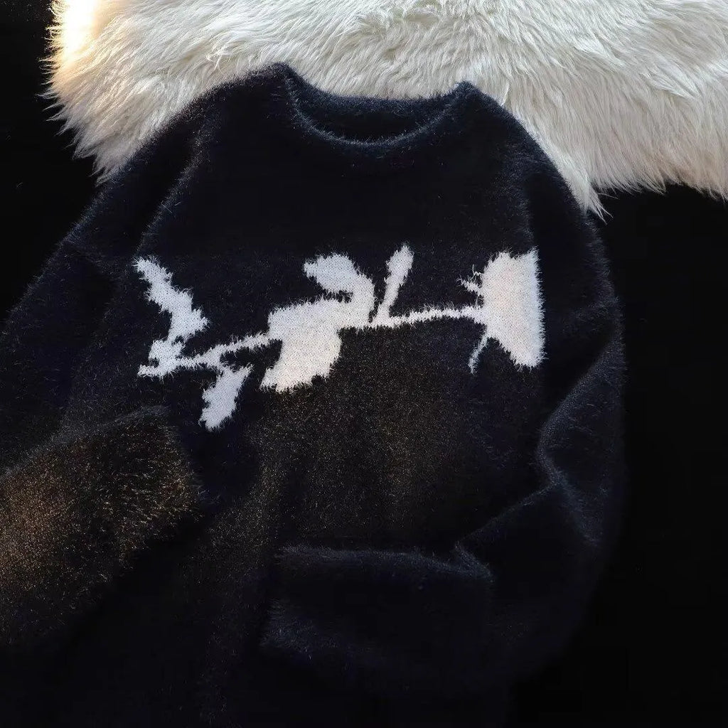 Men's dark rose flocking horse pullover sweater in cotton blend, black colour, long sleeves