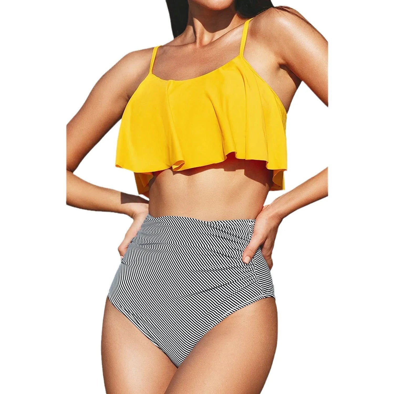 Women's solid colour striped split tight ruffled bikini set in black with backless briefs