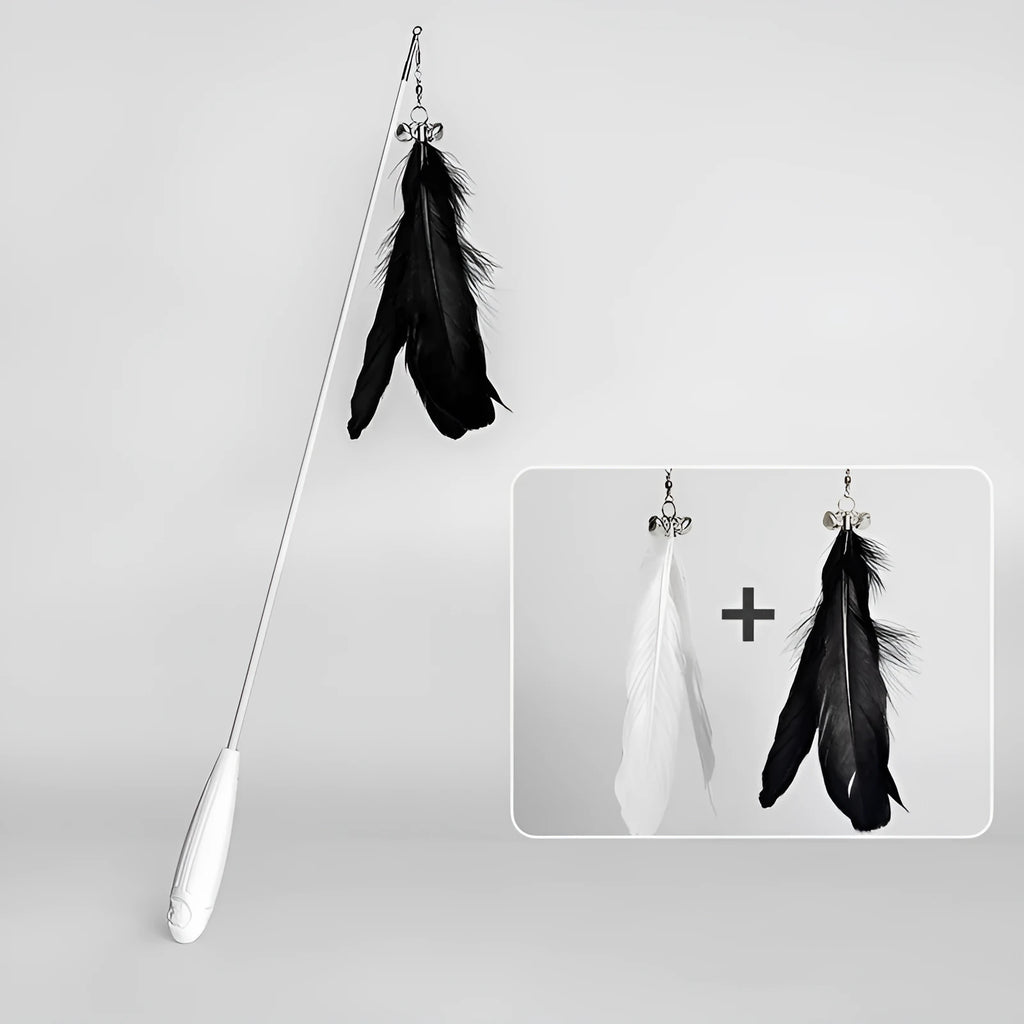 Telescopic fishing rod cat toy with goose feather lure, removable bell, extended to 80 cm on white background