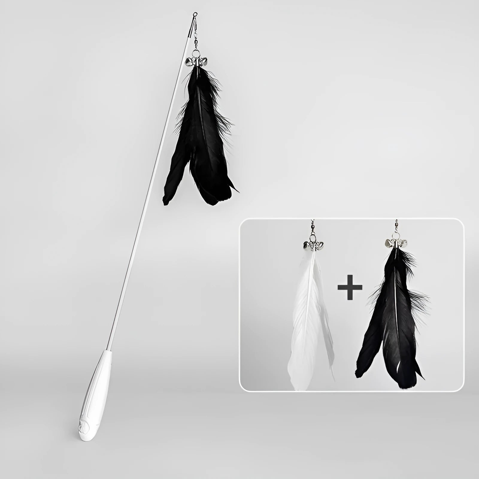 Telescopic fishing rod cat toy with goose feather lure, removable bell, extended to 80 cm on white background