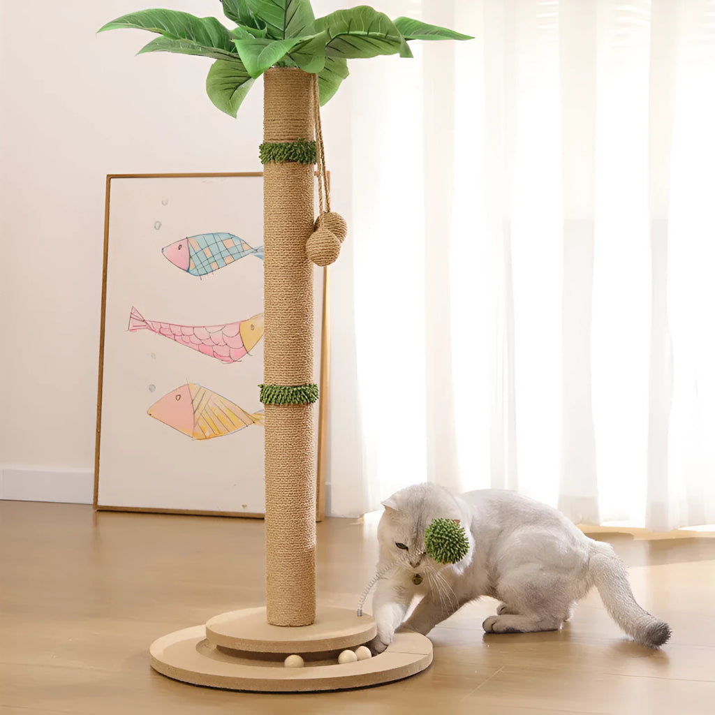 Vertical cat climbing frame with hemp rope scratching posts on a density plate base