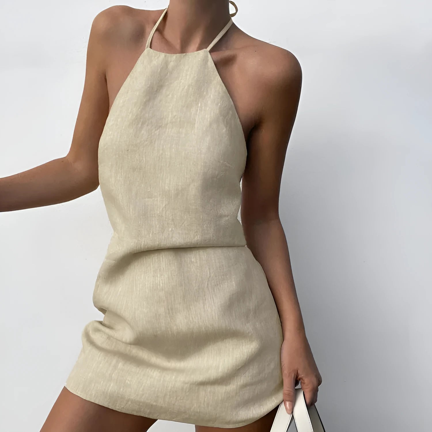 Women's summer linen A-line dress in solid colour, shown on model, available in sizes S M L