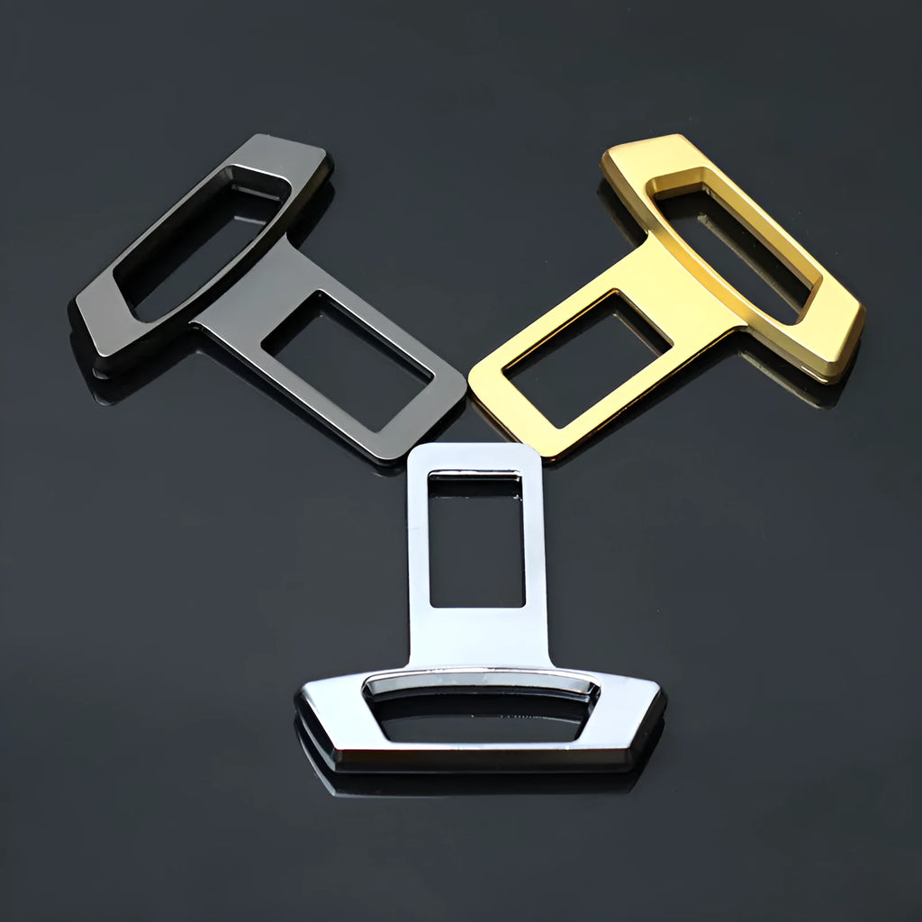 Metal car dashboard silencer insert shown in matte black, gold and silver colour options.