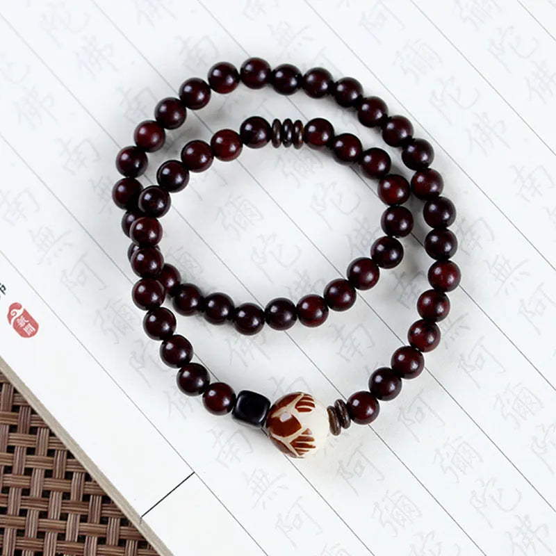 Natural rosewood double-ring bracelet with 10mm flower shapes and choice of thickness options