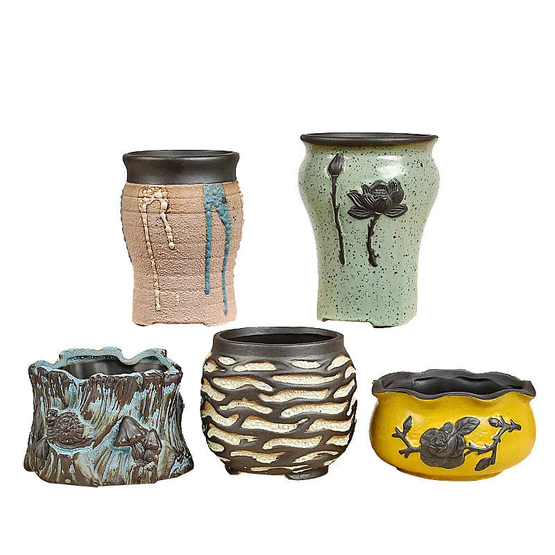 Pair of ceramic stoneware flower pots, 14cm height, 11cm and 10.5cm calibre, small succulent planters