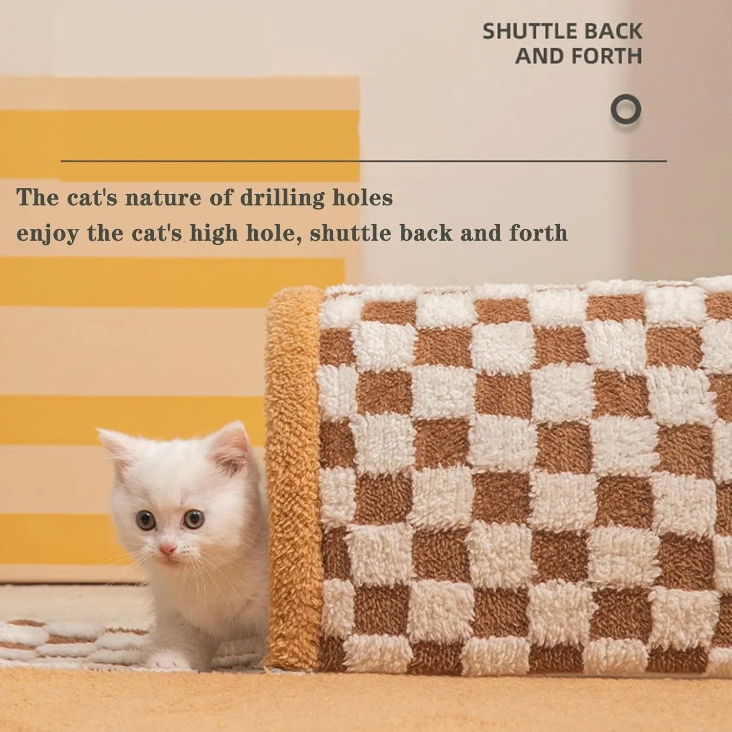 Brown plaid plush cat tunnel bed with a central mat on a wooden floor.