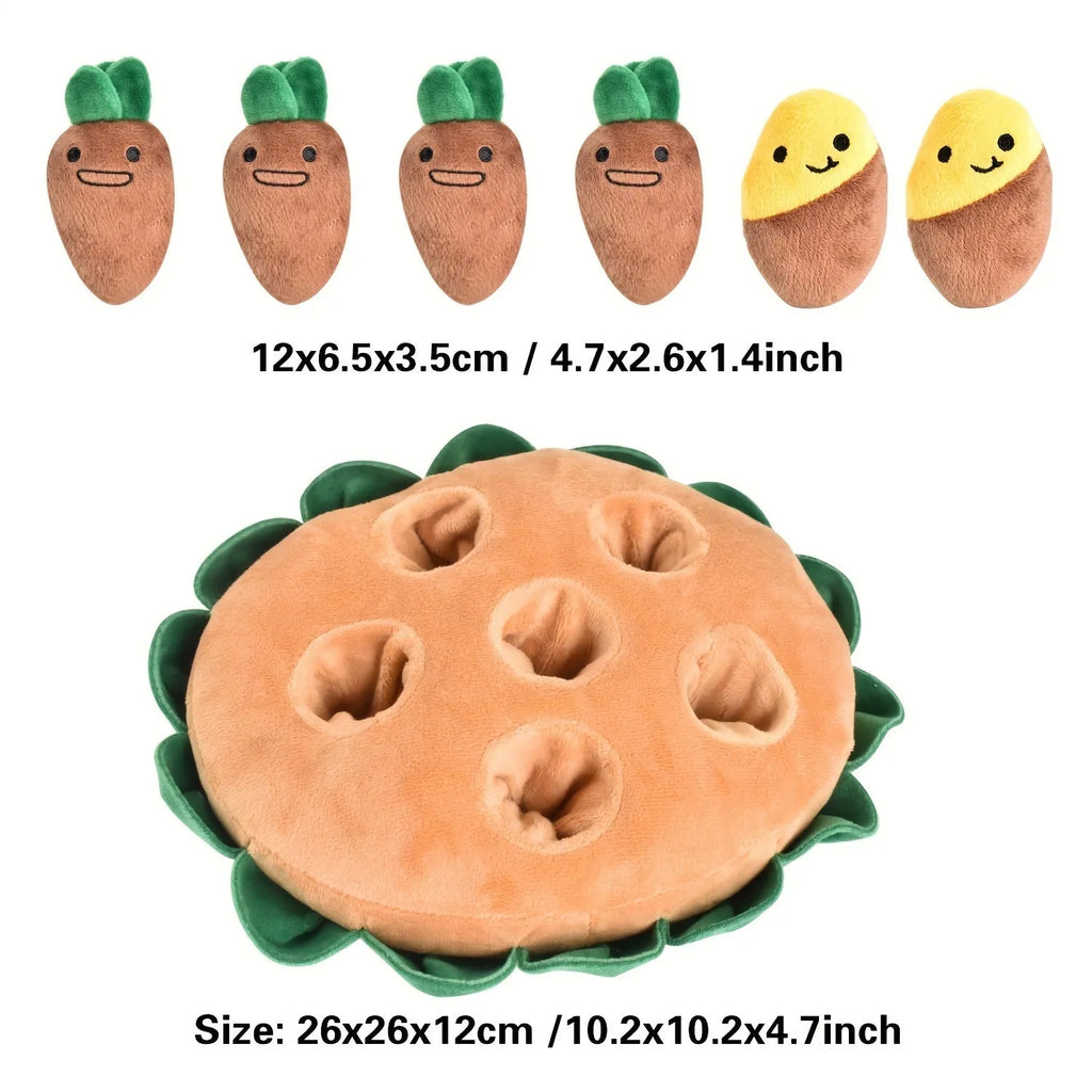 Yellow dog puzzle mat with removable squeaky plush toys for slow feeding and foraging games