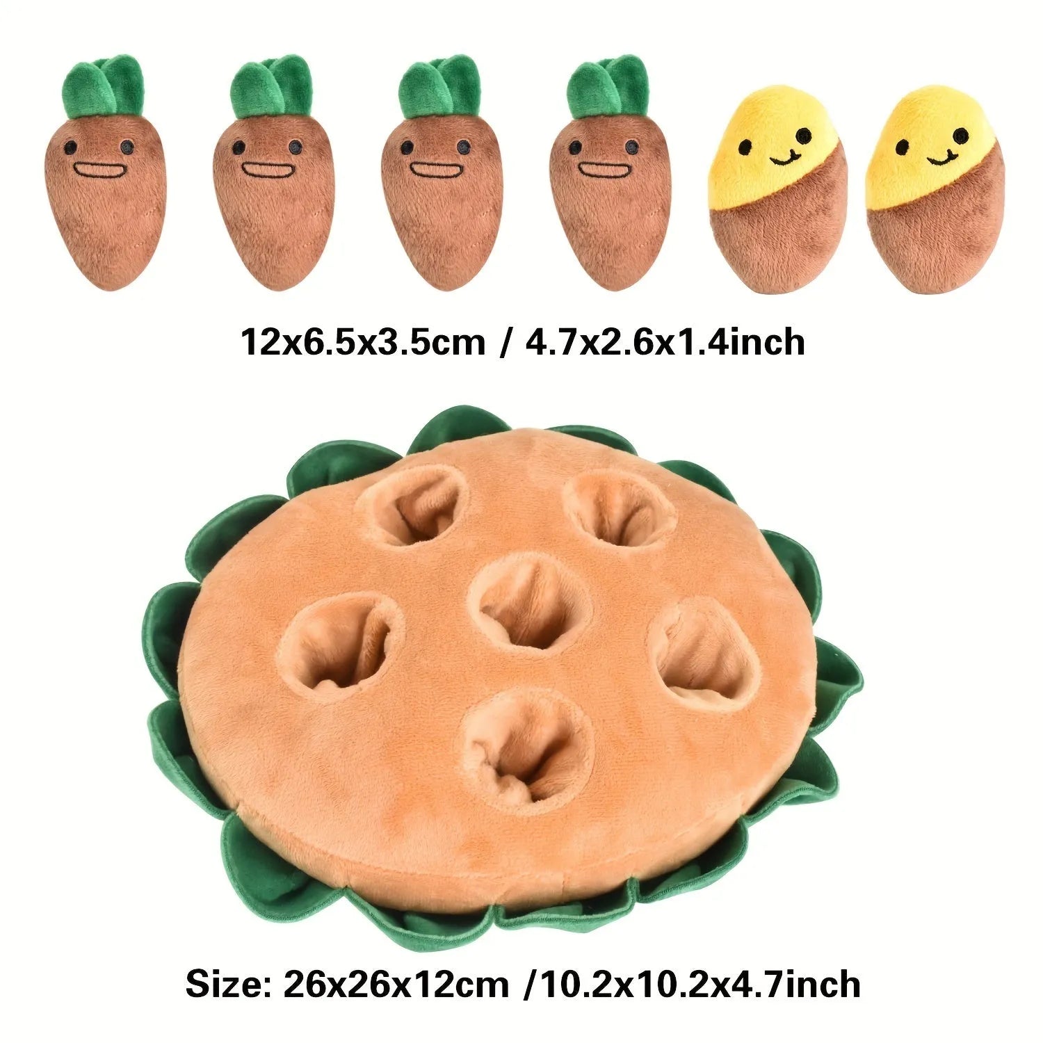 Yellow dog puzzle mat with removable squeaky plush toys for slow feeding and foraging games