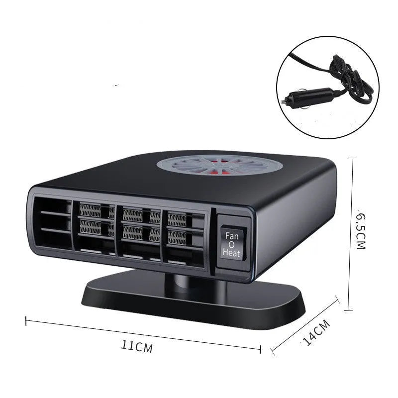 Black compact vehicle-mounted defroster and heater with 360-degree rotation on car dashboard.