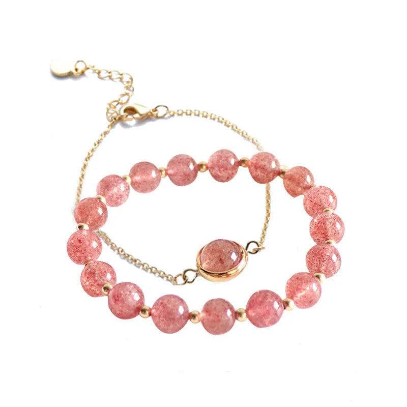 Double-layer strawberry crystal bracelet with lucky beads on copper with electroplated real gold finish