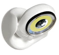 White Atomic Angel induction lamp on surface showing compact 13.3 cm height and ABS plastic construction.