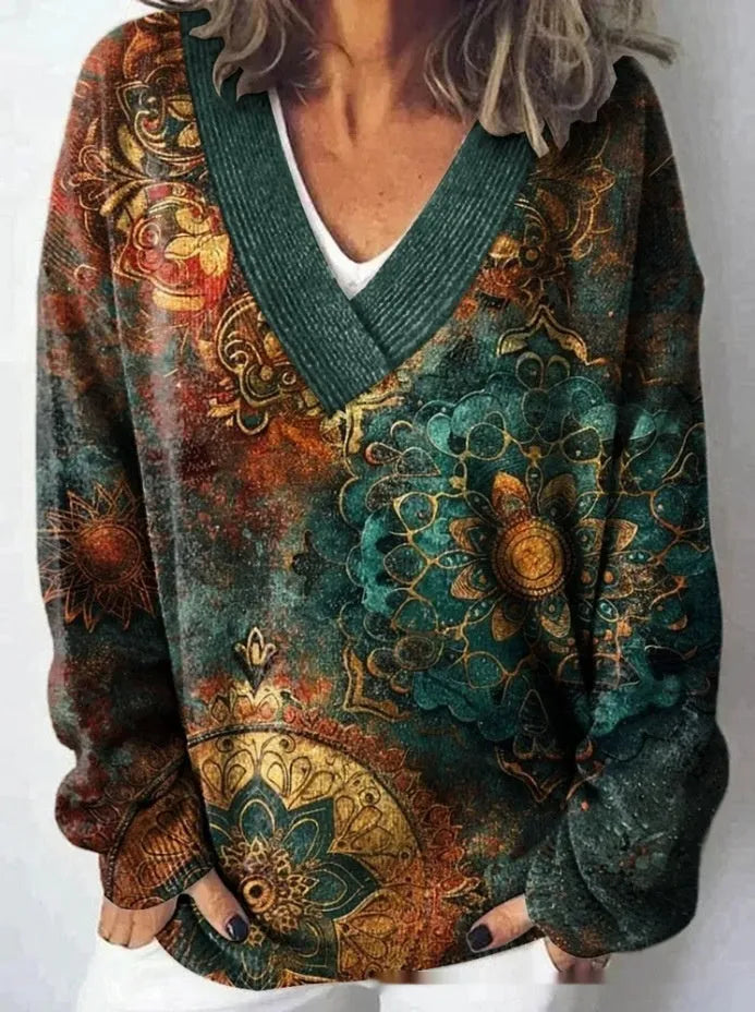 Women's V-neck long sleeve sweatshirt with a 3D floral art retro pattern in various colours