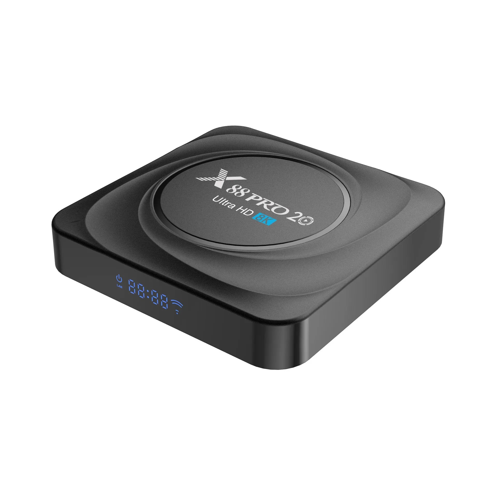 Dual-band WiFi Bluetooth TV box with Android 11.0, HDMI output, infrared remote, and UK power plug