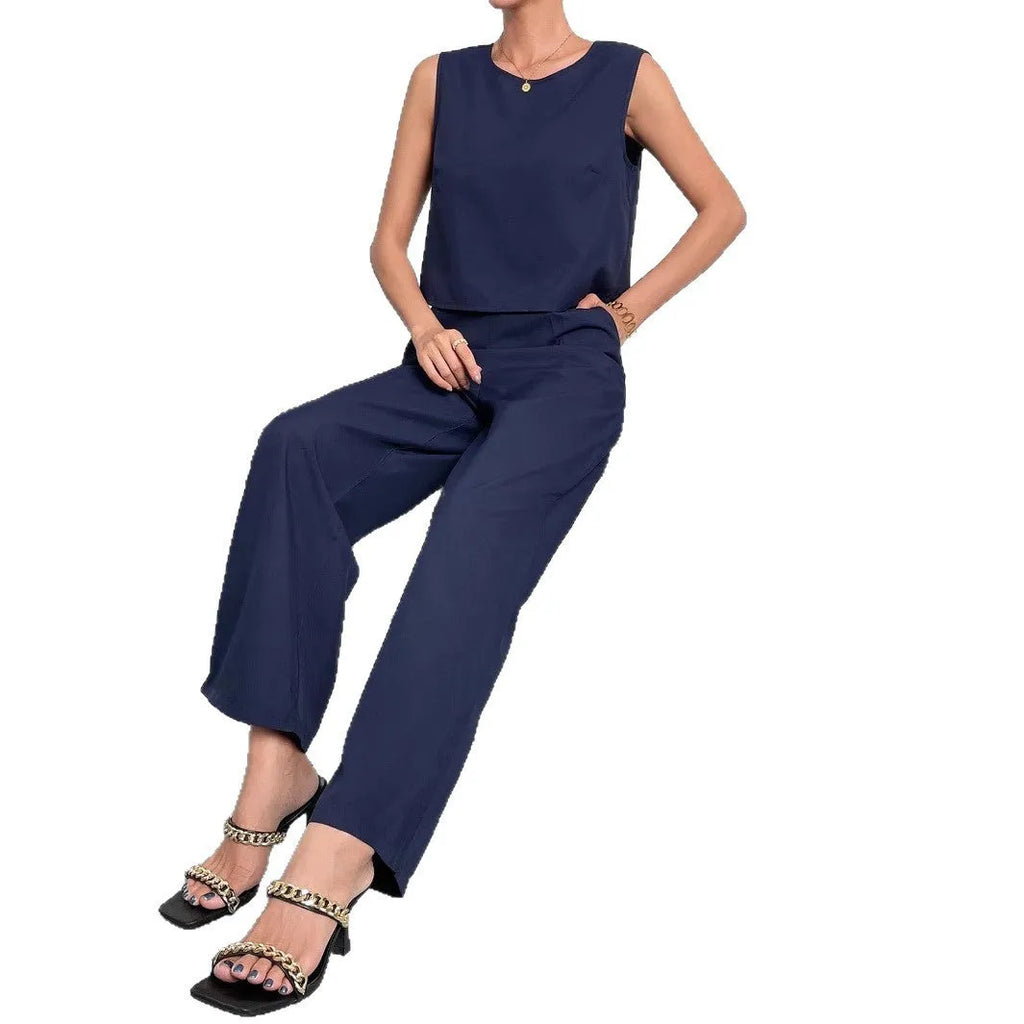 Women's red polyester two-piece set with sleeveless top and wide-leg trousers