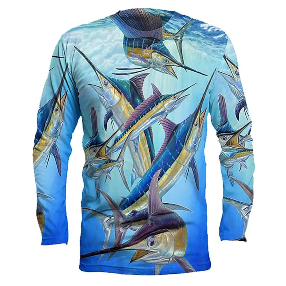 Men's grey long sleeve pullover with an all-over blue and white fish print, round neck, casual fit