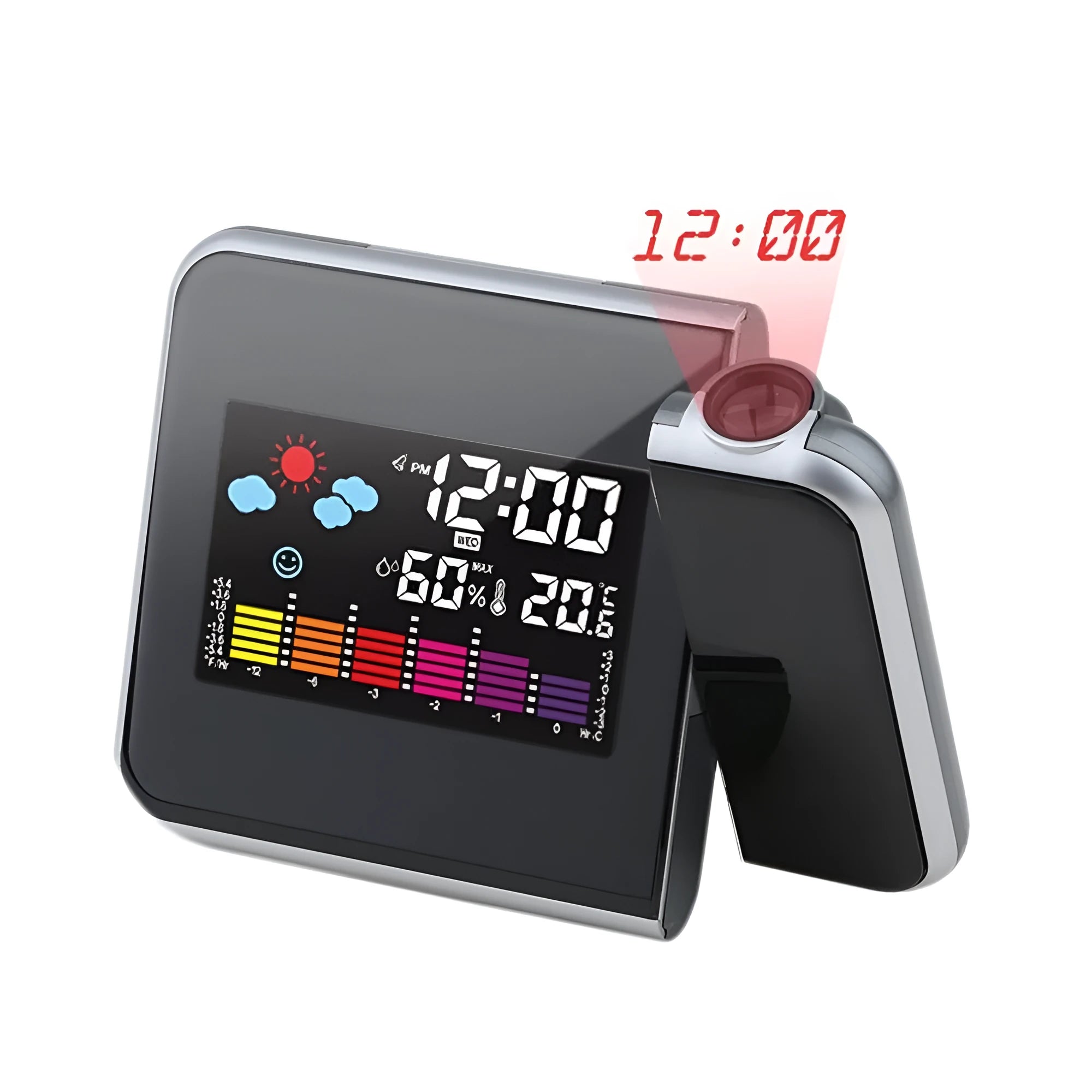 Black digital projection alarm clock showing time and temperature in multicolour LED