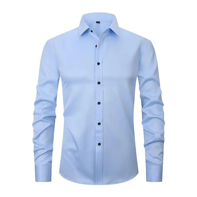 Men's blue stretch long sleeve work shirt made from polyester fabric on a hanger.