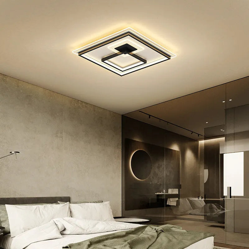 Modern simple rectangular LED ceiling light with tri-colour light and stepless dimming, black and white finish, for living room use