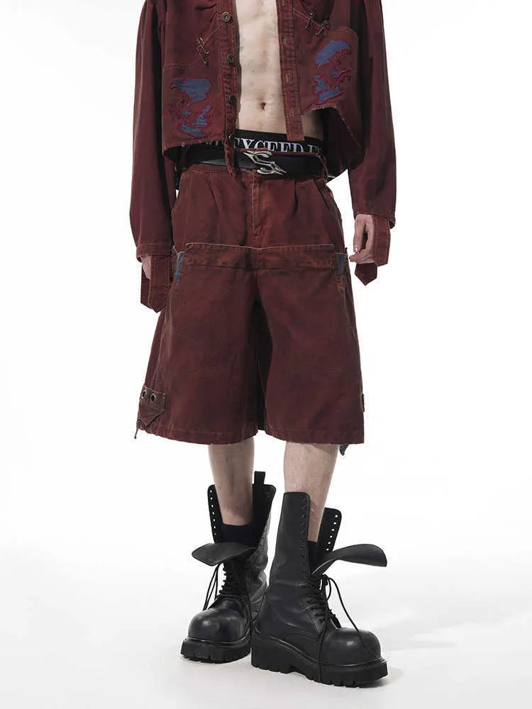 Men's double waist loose cropped black pants with washed stitching, front view showing mid-high waist and cropped length