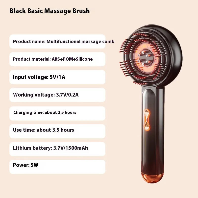 Red and blue light massage hair comb in black plastic with Type-C charging port on a white background