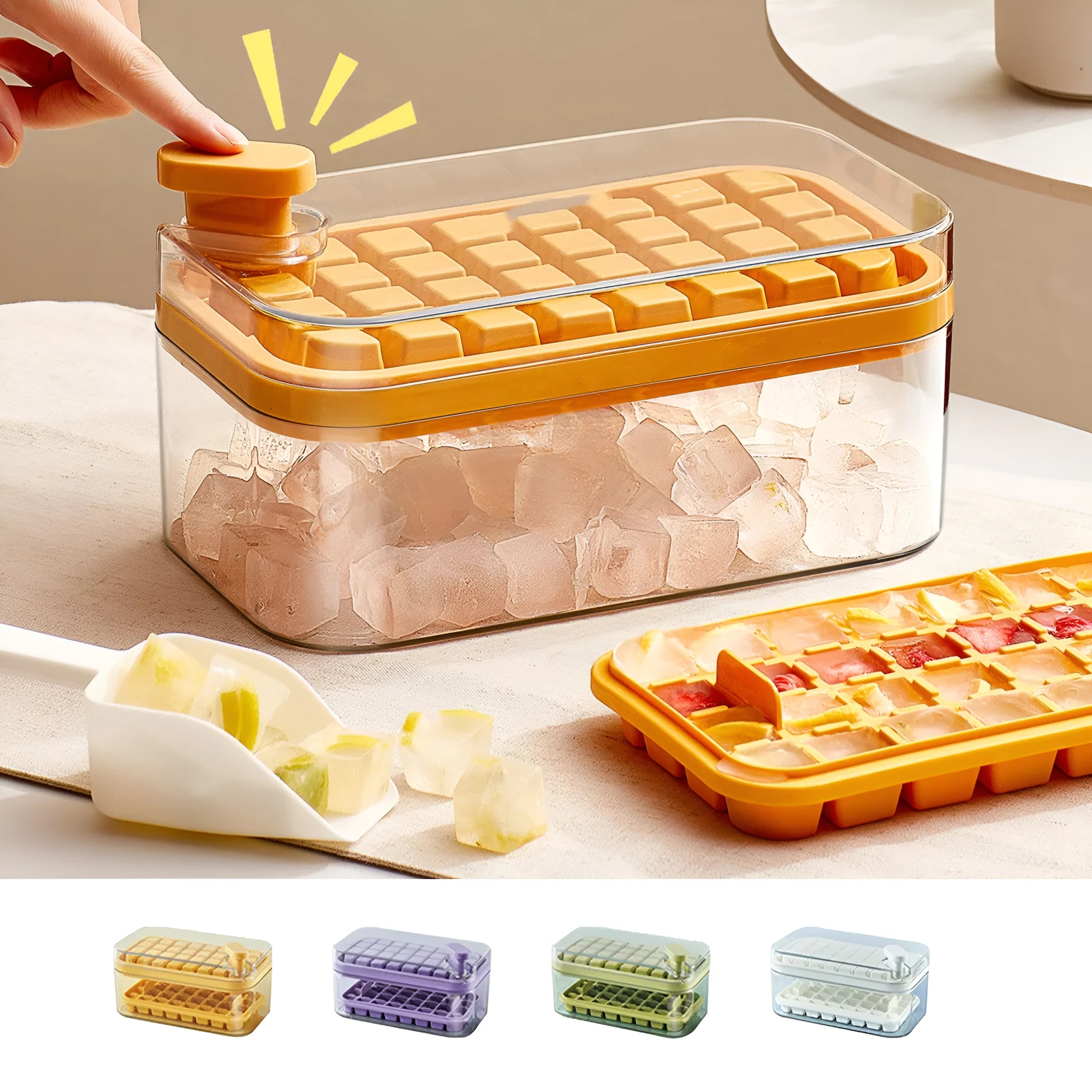 One-touch press ice cube maker mould box with green lid, ice cubes, and shovel on white background