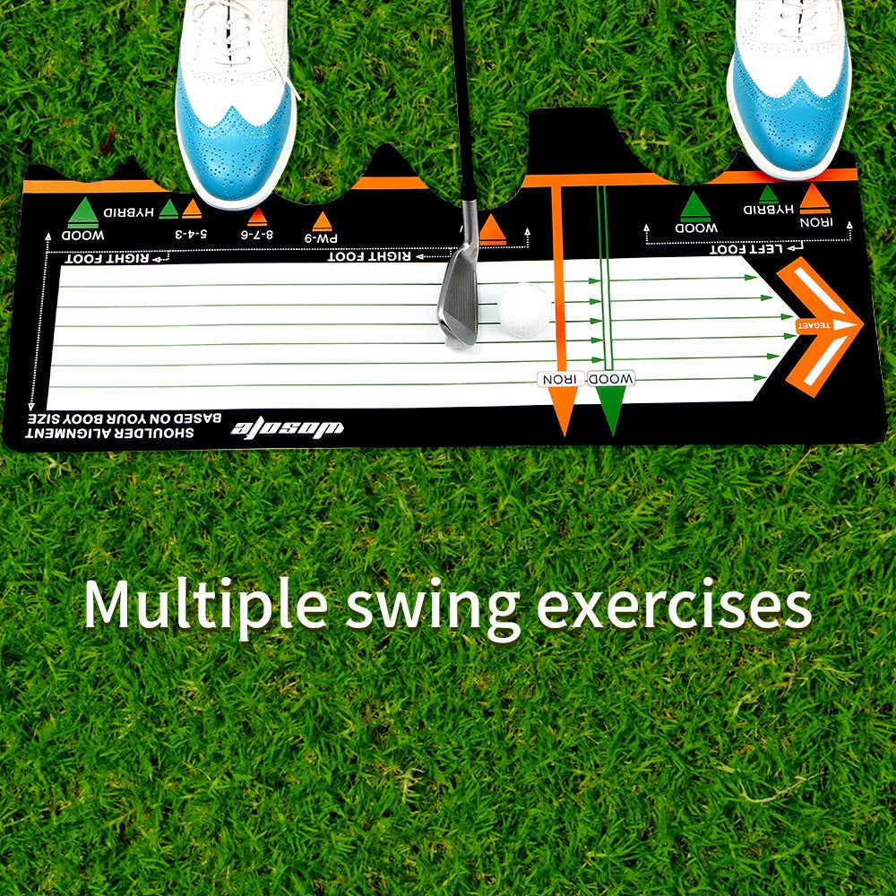 Black neoprene golf swing positioning pad for stance and alignment training.