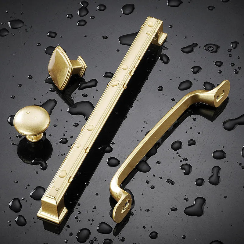 Gold T-shaped aluminium alloy cabinet door handle with single hole mounting